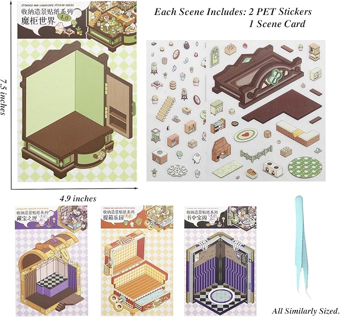 DIY 3D House Scene Stickers, 4 Set Cartoon Cute Mystic Treasure Storage and Magical Box Relaxing Stickers, Fun Miniature Room Stickers for Adults, Kids, Travel, Relief Stress, Pass The Time
