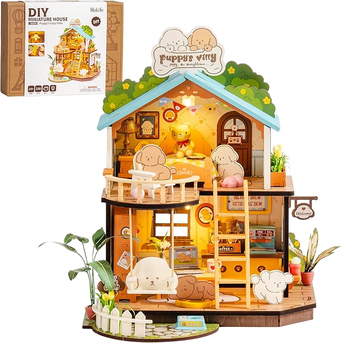 Rolife DIY Miniature House Kits Puppy's Cozy Villa, DIY Crafts for Adults Miniature Model Set, Tiny House Duplex Villa with Puppy, Hobbies & Birthday for Friends (230PCS)