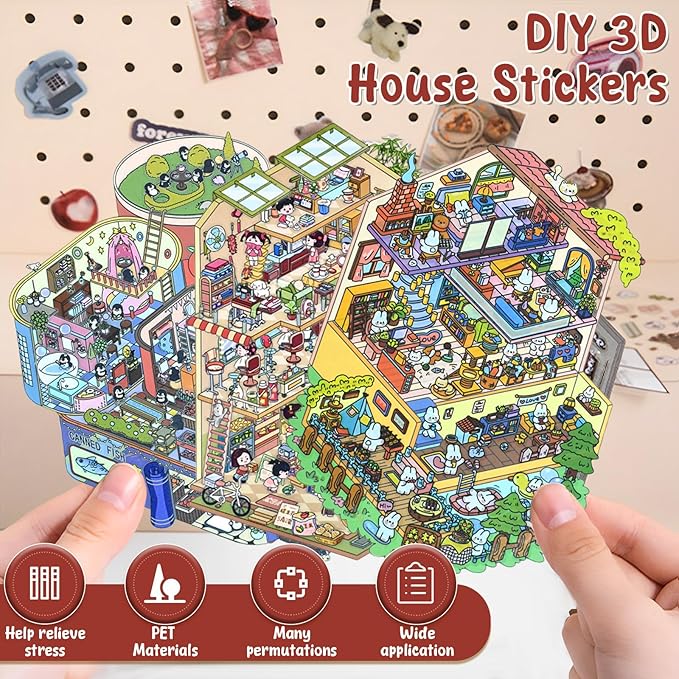 DIY 3D Sticker Scene, 4 Sets Fun DIY 3D House Stickers, Make Your Own Mini Room Scenes, Cute Cartoon 3D Miniature Scene Stickers Book, 3D Sticker Therapy for Adults Kids Relief Stress Pass The Time