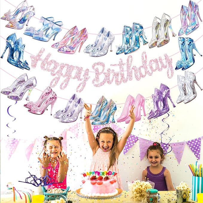 High Heel Happy Birthday Banners 3PCS Crystal High Heels Party Decorations Glass Shoes Banners Girls Princess Birthday Decor for Lady Bridal Shower Wedding Party Supplies