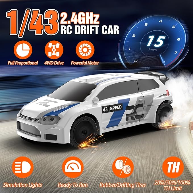 RC Drift car, 1/43 Mini Rc Drift car with Gyroscope, 2.4GHz Full Proportional Remote control Cars, 4WD High Speed Racing with Lights, Racing Tires, Model Cars Gift for Adults, Kids, Boys, Girls