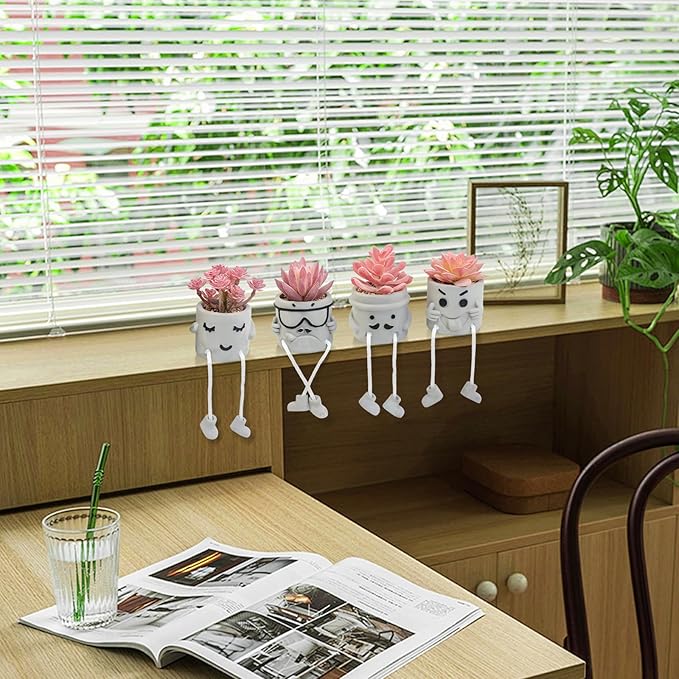 LUZOGA Set of 4 Artificial Potted Mini Succulent Plants - Small Fake Succulents in Hanging Leg Cement Pots, Desk/Bathroom/Bookshelf/Wall Decor for Home Office, Cute Office Decor for Women (Pink)