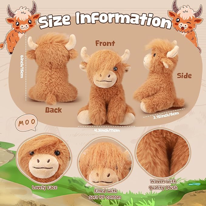 6 Pcs Highland Cows Stuffed Animal 6 Inch Realistic Scottish Stuffed Highland Cow Cattle Plush Toys Fluffy Animal Decor for Stress Relief Boys Girls Birthday Favors Gifts Forest Party Decor