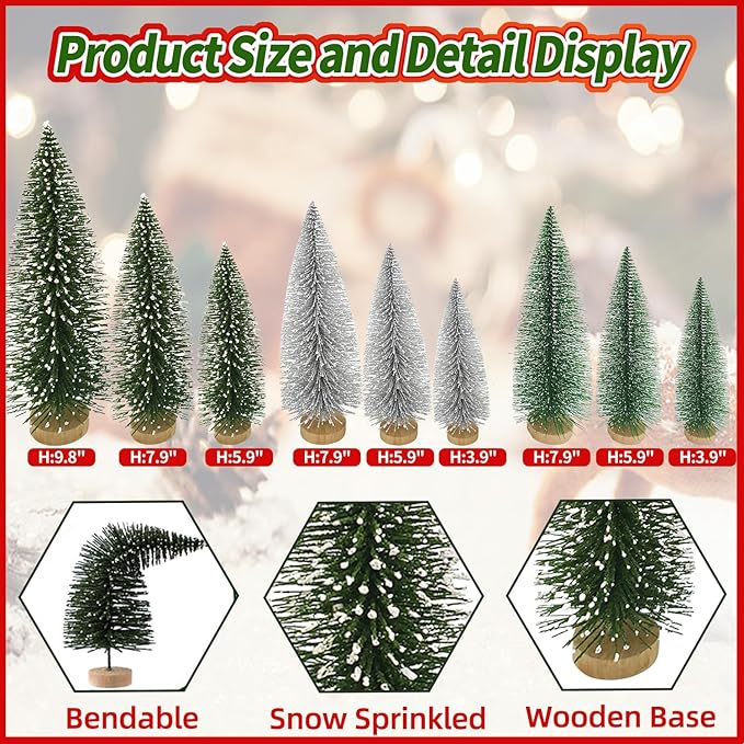 Yahpetes Christmas Trees 9 Pcs Artificial Bottle Brush Tabletop Trees Christmas Table Decorations for Xmas Holiday Party Decor (Silver,Green,Dark Green 9Pcs)
