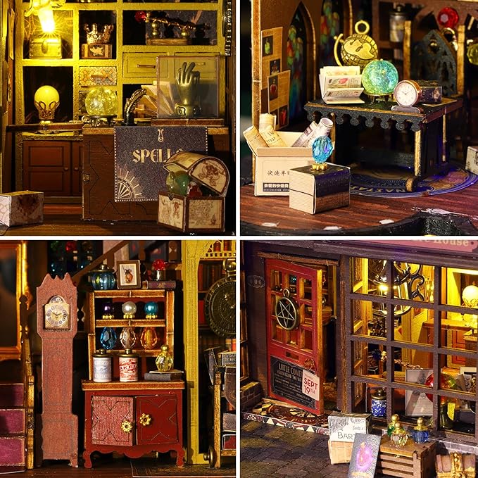 Spilay DIY Miniature House Kit, DIY Dollhouse Kit with Music Box and Dust Cover, 3D Wooden Puzzle Book Nook Kit for Adult, Bookshelf Decor&Gift for Birthday Halloween Christmas（Magic Treasure House）
