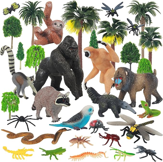 35 Pack Rainforest Animals Figures Set Animal Cake Decor Assorted Creatures Diorama Animals Model Trees for Birthday Party Favors, Piñata Fillers