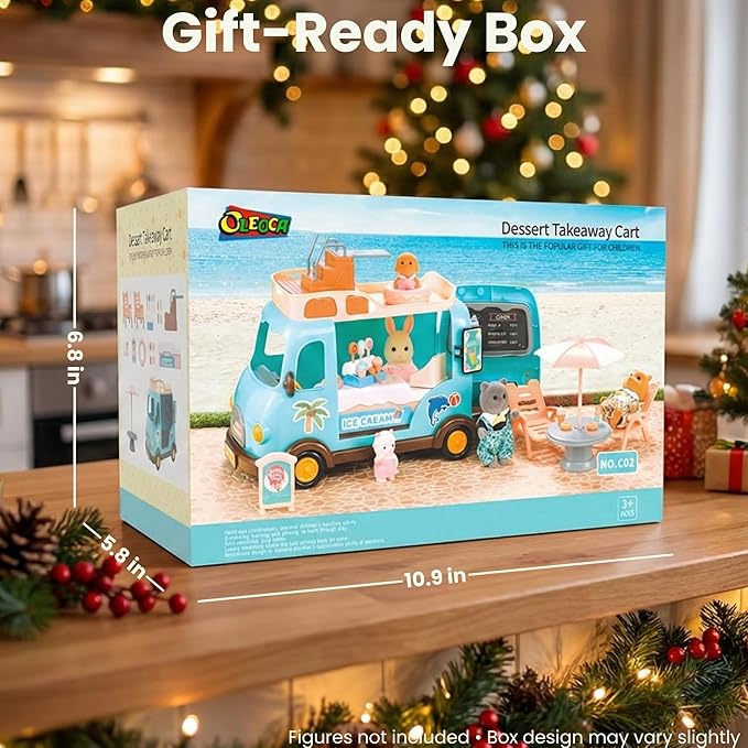 Family Ice Cream Truck Toy — Dessert Food Truck Playset with Cash Register, Chairs & Umbrella, Dollhouse Pretend Play Vehicle, Gift for Kids Ages 3+