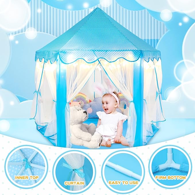 wilwolfer Princess Tent for Boys Fairy Castle Play Tents for Kids Toddler, Hexagon Kids Playhouse, Princess Toys & Gift for Girls Aged 3+ for Indoor & Outdoor Play (Blue)