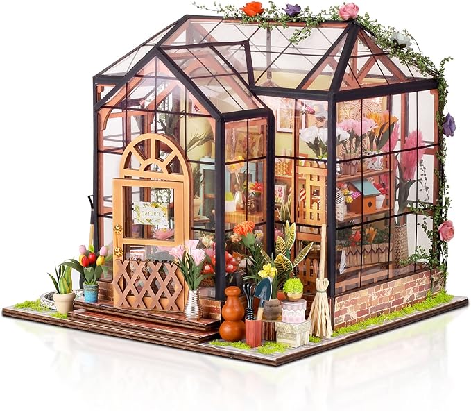 GuDoQi DIY Miniature Dollhouse Kit, Tiny House with Furniture, 1:24 Scale, Handmade Gift for Birthday Christmas Day, Jenny Greenhouse Flower Shop