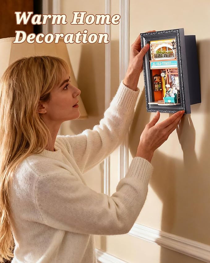 Rolife 3D Diorama Frame, Wall-Mounted Shadow Box & Dollhouse Display Case for & Christmas Decor, Unfinished Kit Beginner-Friendly Craft Kits, Christmas Memorial Gift for Families (Old Times Bookstore)