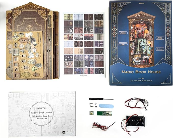 DIY Book Nook Kit 3D Puzzle Wooden Bookends Dollhouse Decorative Bookend Toy for Teenagers Stand Kit Model Kits for Adults to Build 3D Creativity Kit with LED Light