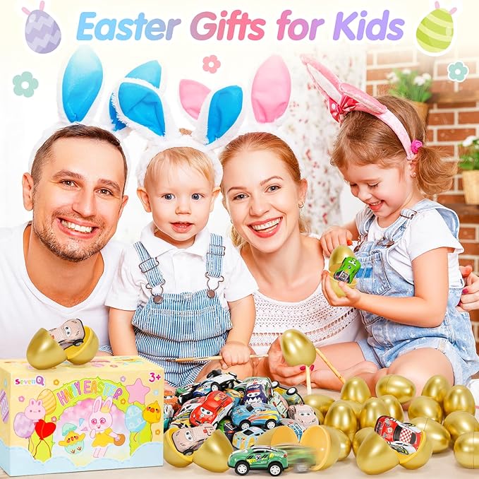 SevenQ Toy Cars Easter Basket Stuffers 24 Pcs, Prefilled Easter Egg Fillers Race Car Party Favors for Kids Birthday Goodie Bag Treasure Box Toys for Classroom Treat Prizes Pinata Egg Hunt Supplies