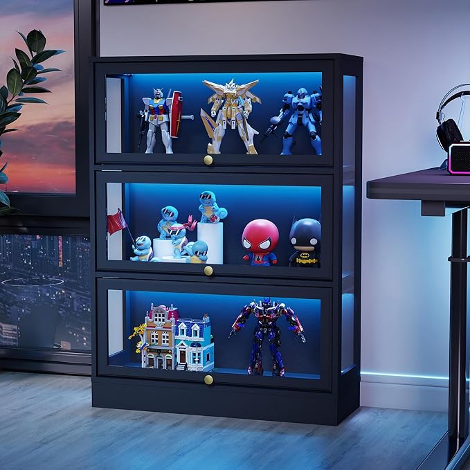 Display Cabinet with Acrylic Glass Doors,3-Tiers Curio Cabinet with LED Lighting for Collectibles, Collectibles Toy Organizers Rack & Display Shelf Display Case Storage Cabinet, Black