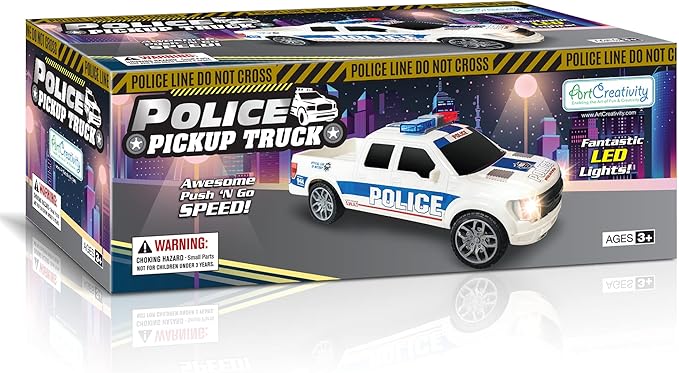 ArtCreativity Police Car Toy, Pickup Truck Toy with LED Headlights and Sirens, Friction Powered, 1:20 Scale Police Car Toys for Boys 3-5, Police Toys Monster Trucks, Toy Trucks for Kids Birthday Gift