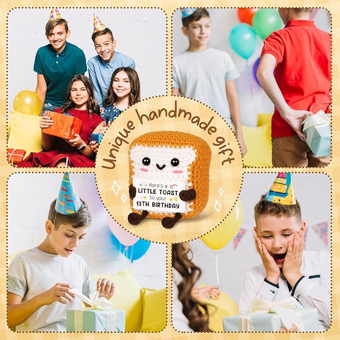 Glydein 13th Birthday Gifts for Girls Boys, Cute Handmade Crochet Toast Decorations with 13th Bday Card, Unique Birthday Gifts for Teens 13, Gift for Son Daughter Grandchildren from Aunt Uncle
