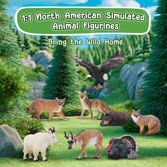 Toymany 14PCS Mini North American Forest Animals Figurines, Realistic Jungle Animal Toys Includes Elk Pronghorn Leopard Gey Fox for Kids Adults Toddlers