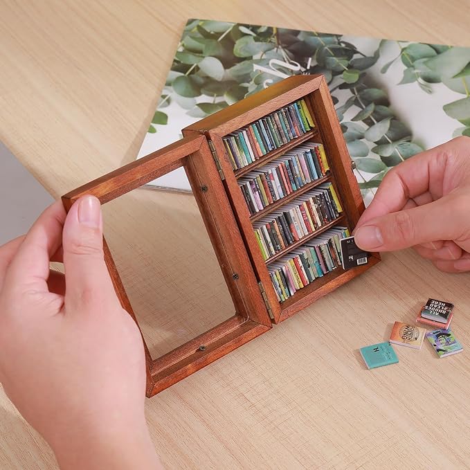 Anxiety Bookshelf With 100pcs Miniature Books | Shake Away Your Anxiety Mini Wood Rustic Book Library | Decorative Gift for Book Lovers (Brown)