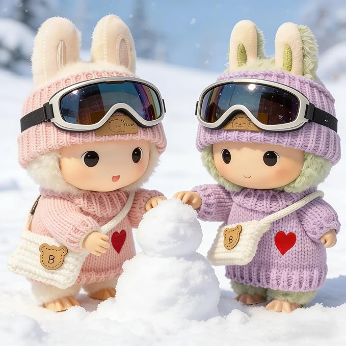 2 Sets 17cm Doll Clothes (6 Pieces), Handcrafted Crochet Doll Clothes for Fashion Designer Collection with Hats & Sweater & Mini Bag (Pink & Purple)