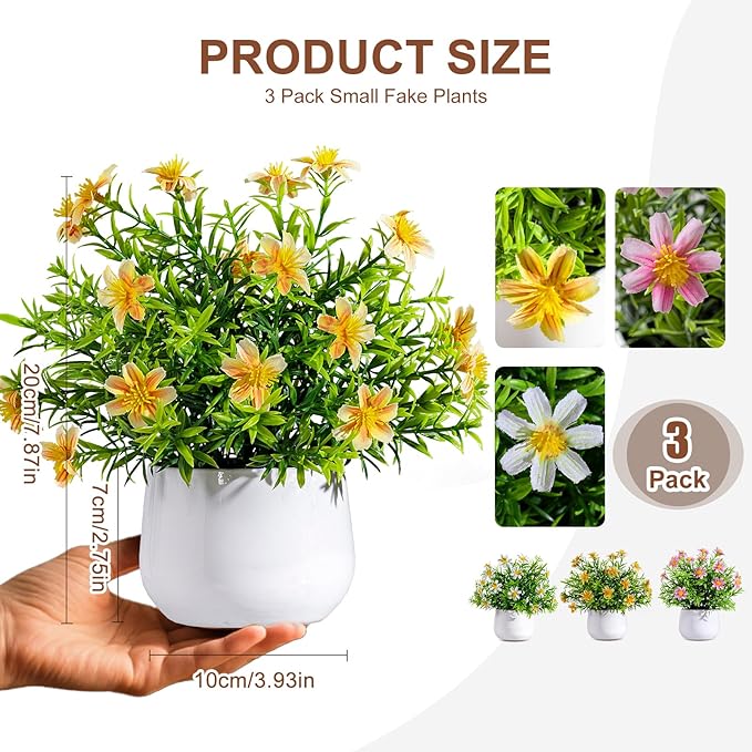 Yarmare 3 Pack Small Fake Plants Artificial Potted Flowers for Indoor Mini Faux Plants with Flowers Greenery for Home Decor Living Room Bathroom Bedroom Office Table Shelf (White+Pink+Yellow)