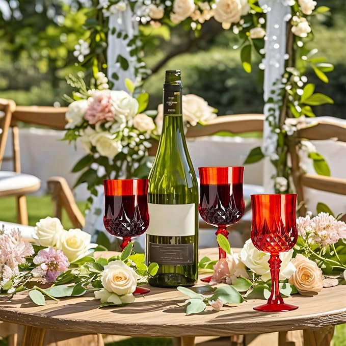XKXKKE 100 Pcs Red Plastic Wine Glasses, Plastic Water Goblets for Parties, Stemmed Drinking Glasses for Wedding Reception, Grand Event Party Bar Supplies Reusable Drinking Cups