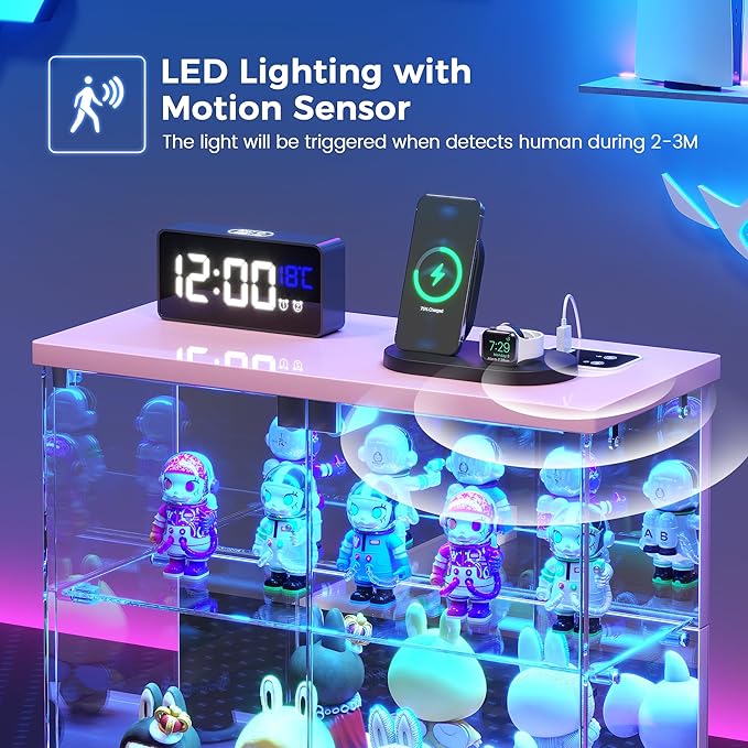 2pcs LED Clear Glass Display Case - for Figures & Collectibles, Small 2-Tier Display Cabinet with Charging Station, Display Box with Lights & Human Sensor, for Model Car, Perfume, Pink