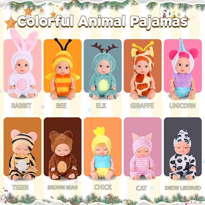 10 Pcs 4 Inch Mini Dolls Playset - Reborn Baby Dolls with Mixed Eyes (5 Open & 5 Closed) Including Handmade Animal Clothes, Christmas Easter Gift for Kids Ages 3+