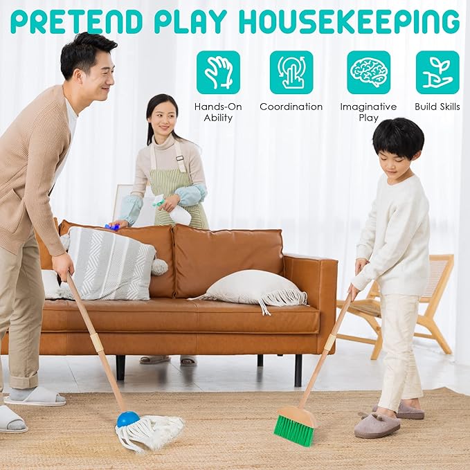 HELLOWOOD Kids Cleaning Set, 8 Pcs Wooden Housekeeping Play Set Includes Broom Mop Duster Dustpan Brushes Rag and Organizing Stand, Cleaning Toys Gift for Toddlers Girls Boys Age 3-6, Solid Beech Wood