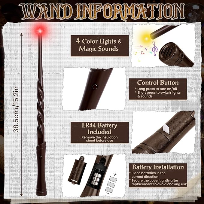 KingGlee Light Up Wizard Magic Wand Set with Sounds & 4 Light Modes – Illuminating Witch Wands for Kids Cosplay Birthday Gift, 2PCS, Brown