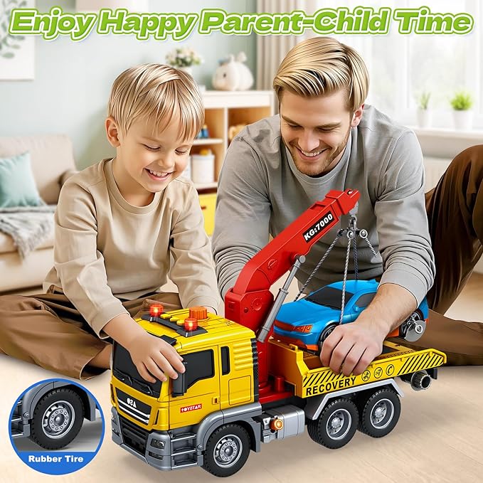 Kids Toys for 3 4 5 6 7 Years Old Boys, Large Tow Truck Toy, Friction Powered Transport Truck Crane Vehicle Toy with Lights and Sounds, Racing Car, Birthday Gifts for Boys Girls