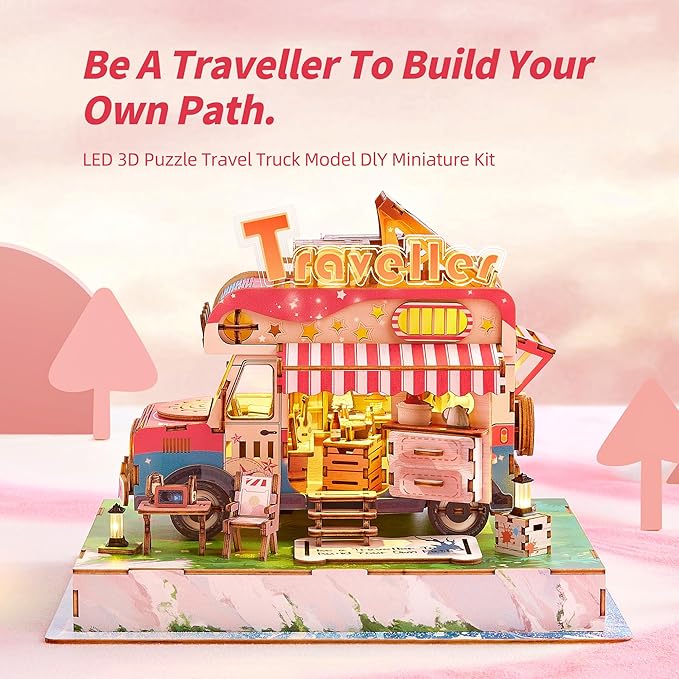 3D Puzzle Travel Truck Puzzle Model -DIY Miniature Kit Dollhouse Food Truck Wooden Model with LED Lights - Unique Gift for Adults and Kids(Camper Truck)