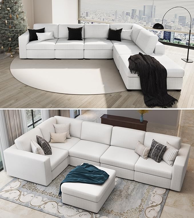 Sectional Couches for Living Room - Modular L Shaped Couch with Ottoman - Beige U Shape Sofa Furniture Set 6 Piece Modern Upholstered Oversized Daybed Sleeper Sofas