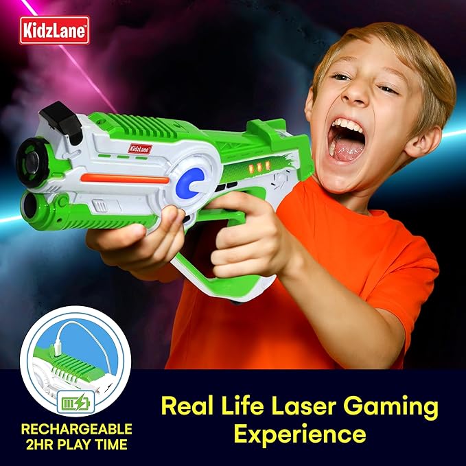Kidzlane - Rechargeable Laser Tag Guns Set of 4 - High-Tech Infrared Laser Tag for Kids and Adults with Realistic Sounds, Vibrations and LED Lights - 4-Team Multiplayer Game