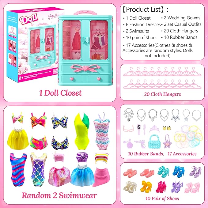 Style Shine 70 Pcs Doll Closet with Clothes & Accessories Set,2 Wedding Gowns 6 Fashion Dresses 2 Casual Outfits 2 Swimsuit 10 Shoes 20 Hanger 27 Accessories,Dress up Toys for Girls Kids Birthday Gift
