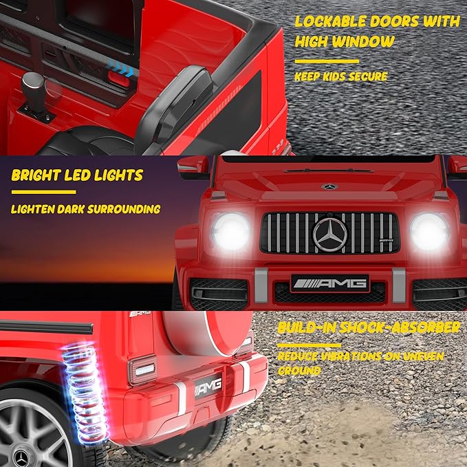 Licensed Mercedes Benz G63 Kids Electric Car, 12V 7Ah G wagon Ride on Car w/Safety High Window, Remote Control, 3 Speeds, Music Player, Horn & LED Lights for Toddlers (Red)