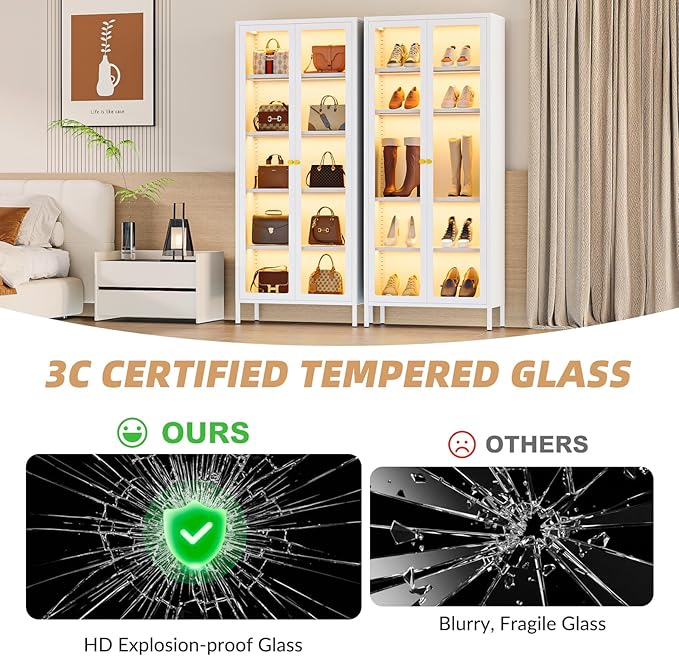 5-Tier Display Cabinet with 13-Color Light, 67" Tall Bookcase Bookshelf with Glass Doors & Adjustable Shelves, Metal Storage Cabinet Display Case for Collectibles Curios Trophies - White