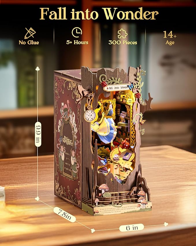 Rolife Book Nook Kit Fall into Wonder DIY Miniature Kit, 9.9" Tree Hollow Booknook 3D Wooden Puzzle with LEDs Fairy Tale Bookshelf Decor Gift for Adults Women Men
