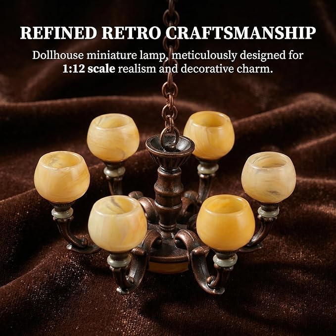 Toyvian Mini Dollhouse Chandelier Light: 1:12 Scale Miniature Dollhouse Ceiling Lights Retro Hanging Lamp Miniature Pendant Lamp Furniture Accessories for Doll House Decor