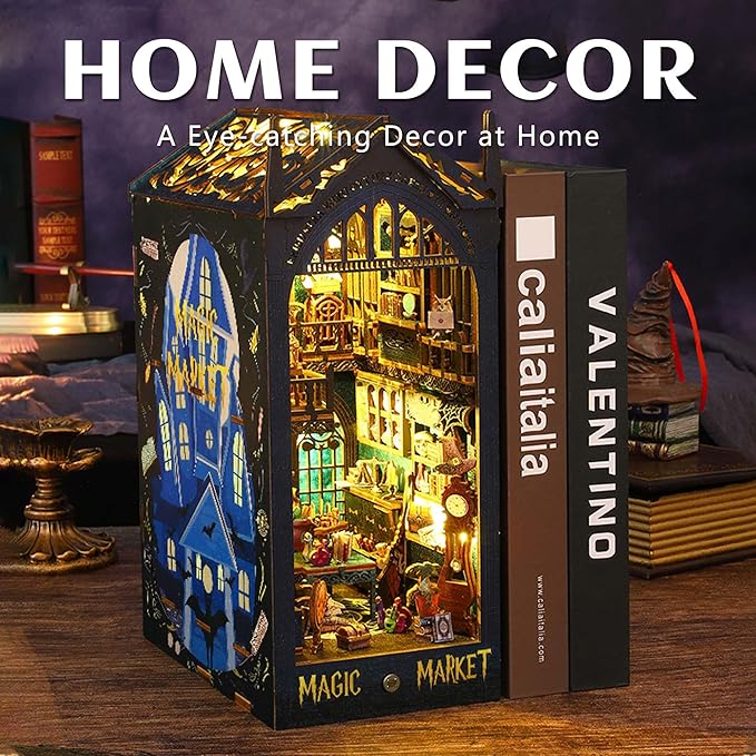Kisoy Book Nook Kit, 3D Wooden Puzzle Booknook Build Bookshelf Decor, DIY Miniature House Kit for Adults and Teens, Mini House Arts & Craft Gifts for Family and Friends (Magic Market)