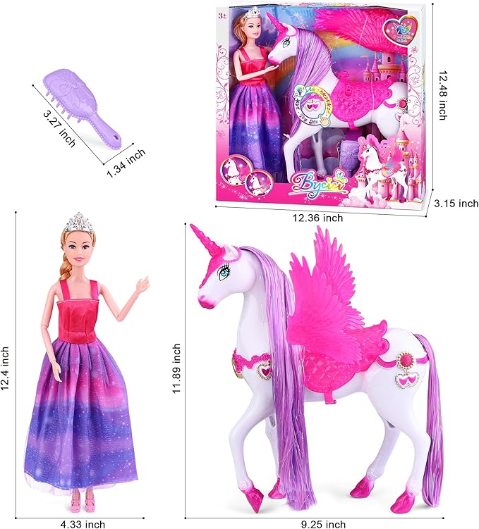 Baljinder Magic Unicorn & Princess Doll, Light-Up Unicorn Toys for Girls 3-6, Christmas Birthday Gifts for Kids Girls Aged 3 4 5 6 7 8