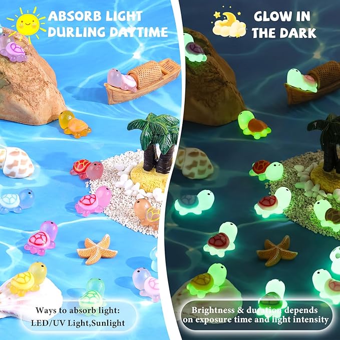 100PCS Mini Resin Animals Colorful Tiny Turtles Glow in Dark, Miniature Figures to Hide, Little Animal Small Figurines for Topper Desk Garden Dollhouse Landscape Aquarium Ornaments Crafts & Decor