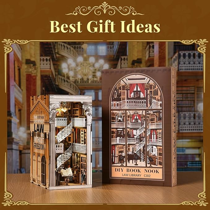 DIY Book Nook Kit, Miniature Dollhouse Booknook Kit, 3D Wooden Puzzle Bookend Bookshelf Insert Decor with LED Light for Teens and Adults (Law Library)
