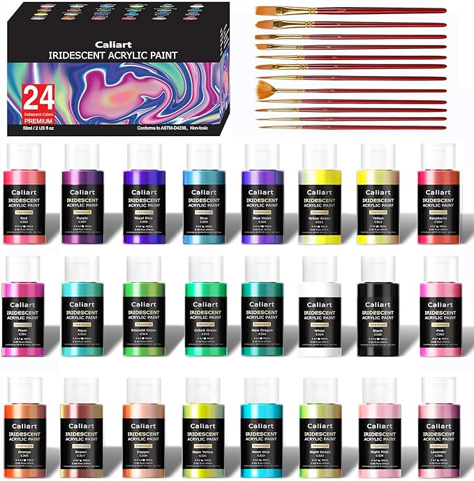 Caliart Iridescent Acrylic Paint with 12 Brushes, 24 Colors (59ml, 2oz) Art Craft Paints for Adults Artists Beginners Painters, Halloween Decorations Canvas Ceramic Wood Rock Painting Kit