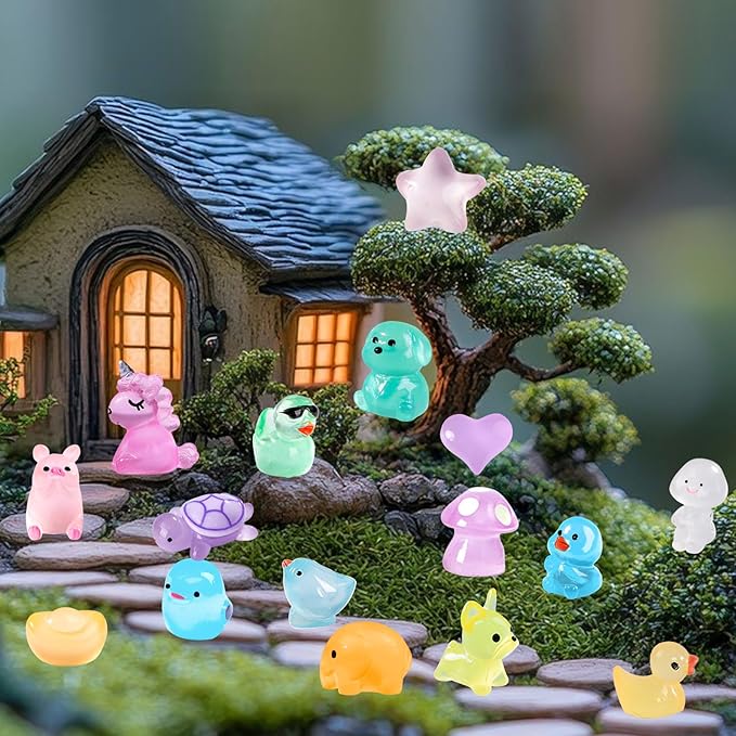 120 Pcs Luminous Mini Resin Animals Kit Accessories Variety Pack Glow Animal Figurines Resin Mini Garden Decor for Garden Micro Landscape Aquarium Potted Dollhouse Decor