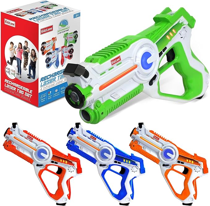 Kidzlane - Rechargeable Laser Tag Guns Set of 4 - High-Tech Infrared Laser Tag for Kids and Adults with Realistic Sounds, Vibrations and LED Lights - 4-Team Multiplayer Game
