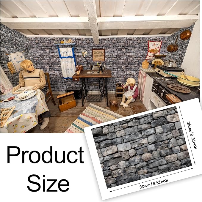35 Pcs Miniature Dollhouse Wallpaper Self-Adhesive Mini DIY Floorboards Wall Paper Real Life DIY Decoration for Dollhouse (Brick Gray)