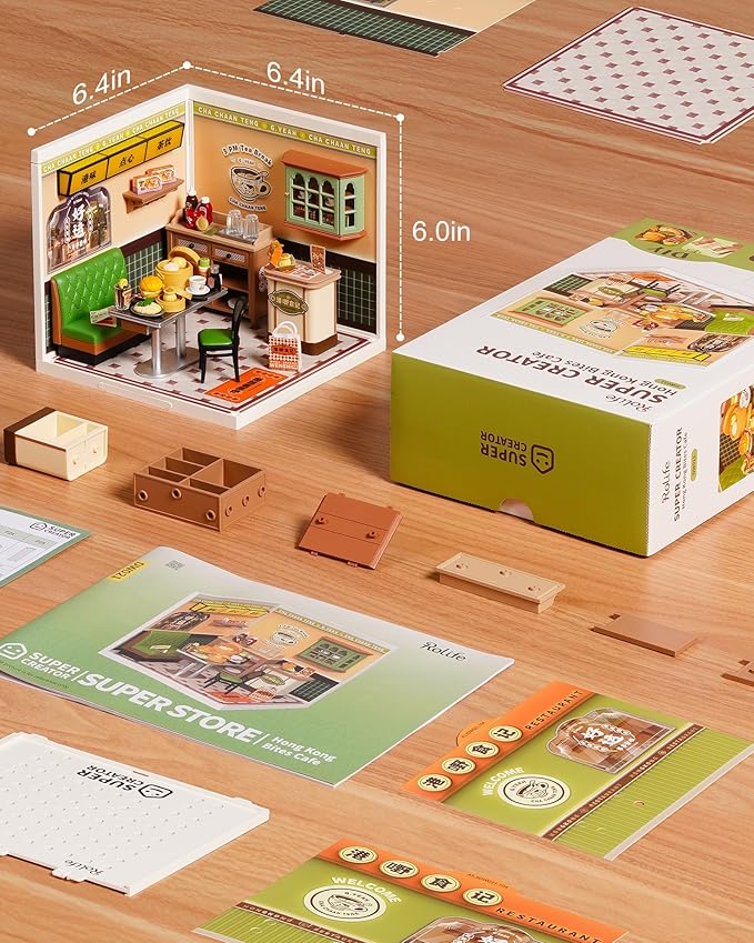 Rolife Super Creator Series, DIY Mini Hong Kong Bites Cafe Dollhouse House Kit, Bulid Scenary for Action Collectible Figures, Creative Gifts for Women Adults