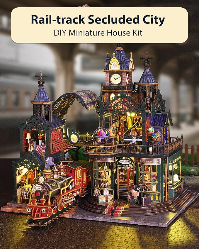 DIY Miniature House Kit, DIY Dollhouse Kit for Adults to Build, Mini House Kit with LED, Mayberry Street Miniatures, Ideal Gifts for Birthday, Halloween Christmas(Rail-Track Secluded City)