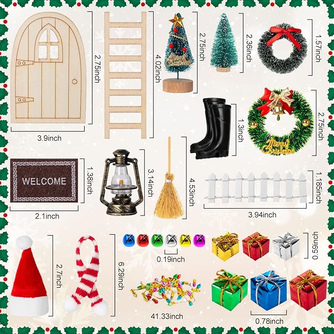 38Pcs Doll House Christmas Decoration, Miniature Christmas Dollhouse Accessories Fake Light Door Mini Xmas Tree 1:12 Miniature Scene Model Pretend Toys DIY Festival Holiday Party Favors