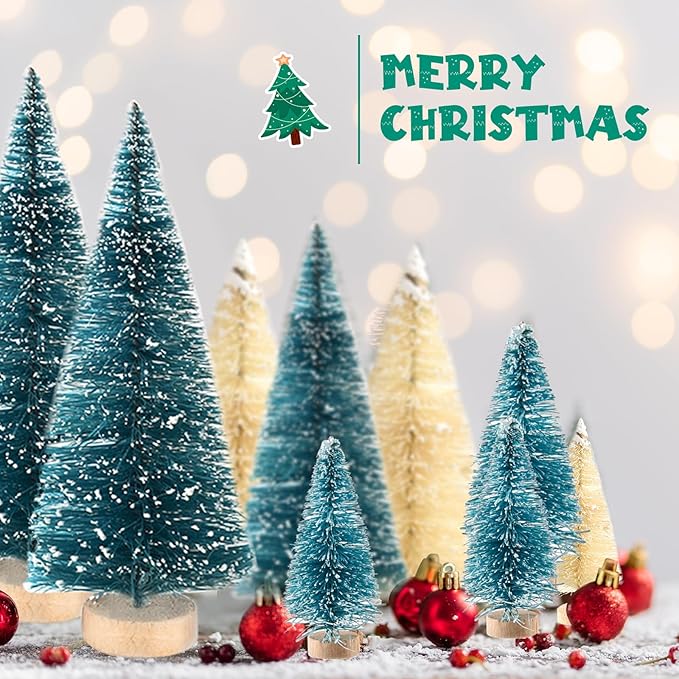 BOUBONI Mini Christmas Tree 35PCS Christmas Village Sets with Crafts Reindeer Snowmen Benches Street Lamp for Xmas Decorations Indoor Party Home Table Craft (Dark Green, Beige)