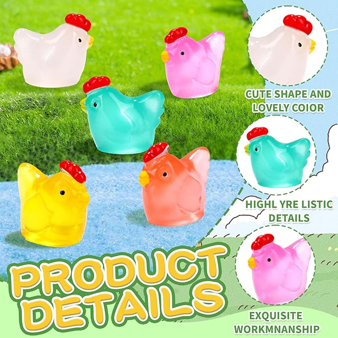 120Pcs Luminous Mini Chicken Figurines 8 Colors Glow in The Dark Tiny Small Little Resin Chicken to hide Miniature Resin Animals for Fairy Garden Party Potted Diy Dollhouse Micro Landscape Home Decor
